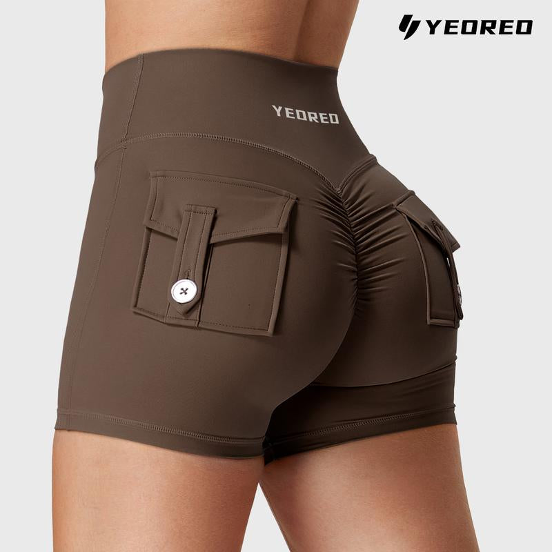 YEOREO Scrunch Workout Shorts with Pockets Charm Gym Biker Shorts for Women High Waisted Yoga Booty Shorts Athletic High Waisted