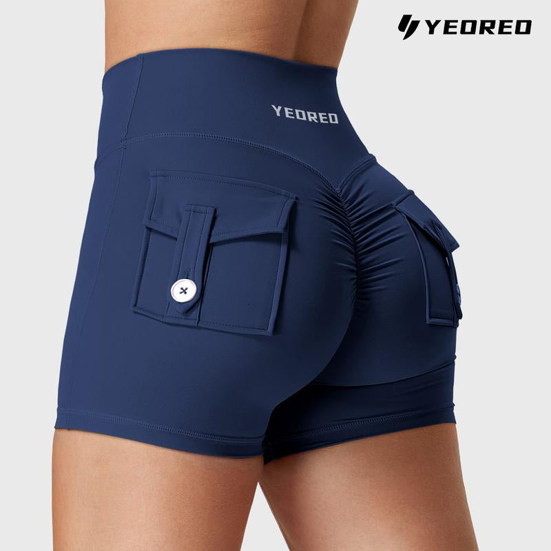 YEOREO Scrunch Workout Shorts with Pockets Charm Gym Biker Shorts for Women High Waisted Yoga Booty Shorts Athletic High Waisted