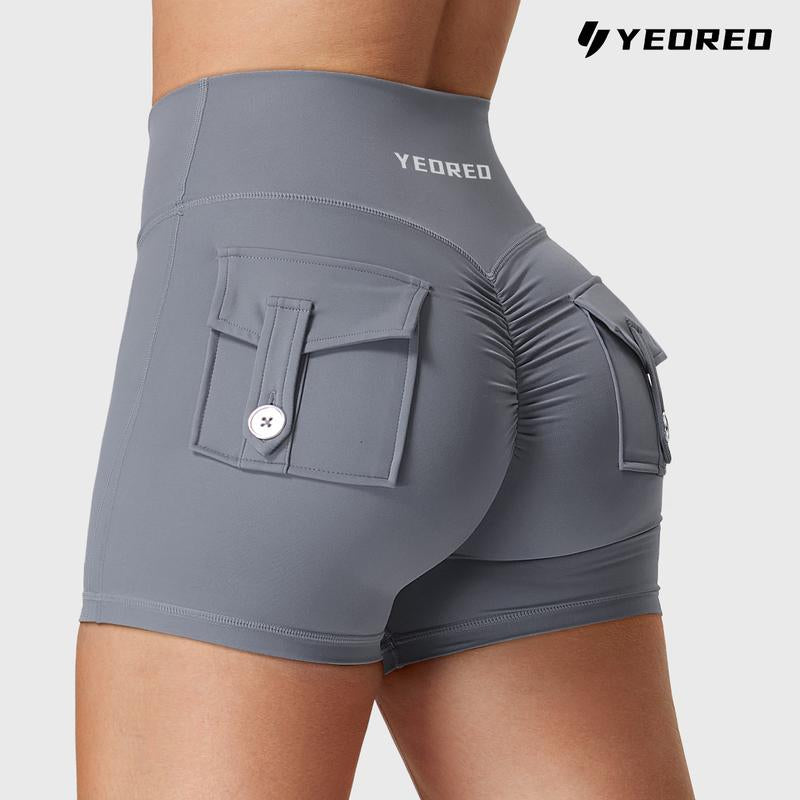 YEOREO Scrunch Workout Shorts with Pockets Charm Gym Biker Shorts for Women High Waisted Yoga Booty Shorts Athletic High Waisted