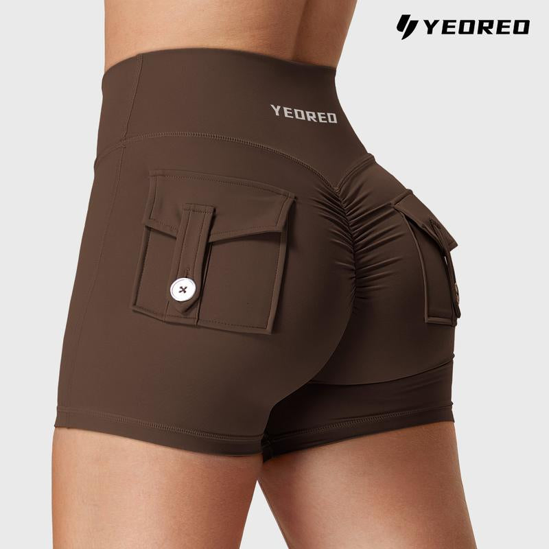 YEOREO Scrunch Workout Shorts with Pockets Charm Gym Biker Shorts for Women High Waisted Yoga Booty Shorts Athletic High Waisted