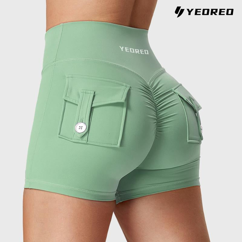 YEOREO Scrunch Workout Shorts with Pockets Charm Gym Biker Shorts for Women High Waisted Yoga Booty Shorts Athletic High Waisted