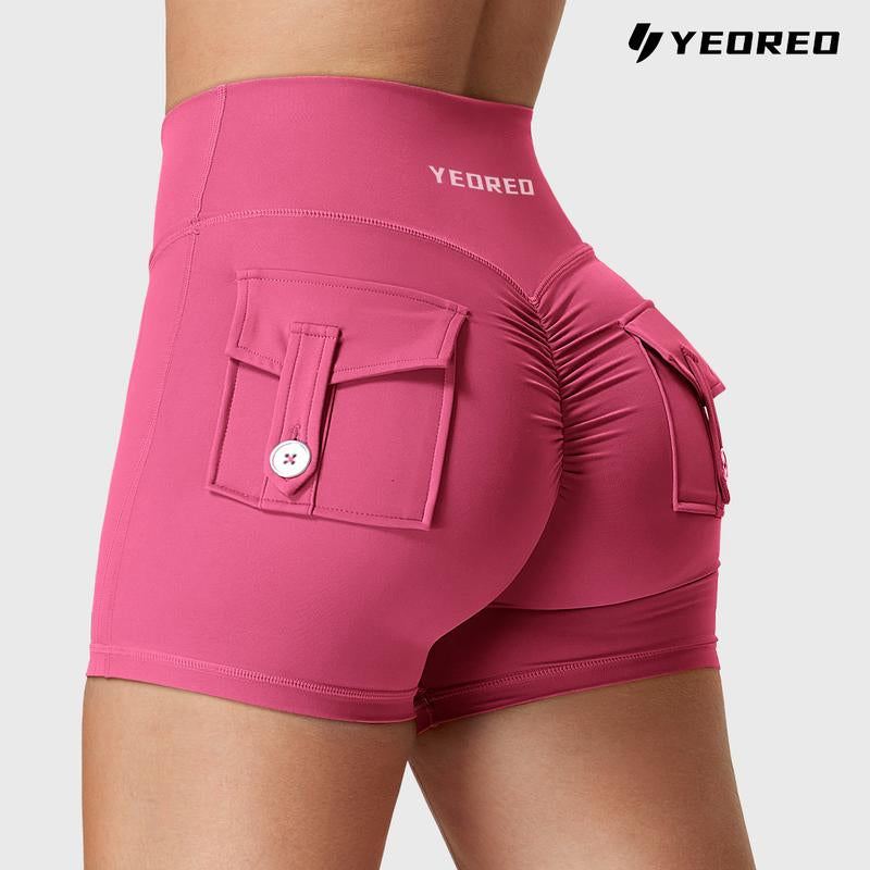 YEOREO Scrunch Workout Shorts with Pockets Charm Gym Biker Shorts for Women High Waisted Yoga Booty Shorts Athletic High Waisted